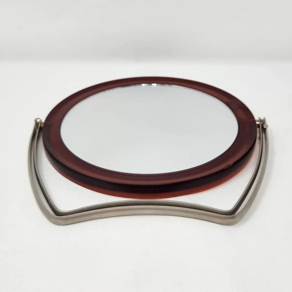 Vintage Ladies Brown Vanity Folding Mirror with Metal Stand Legs